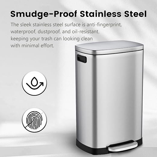 ELPHECO Kitchen Trash Can with Lid Soft Close,13 Gallon / 50L Stainless Steel Pedal Garbage Can, Heavy-Duty Fingerprint Proof Step Wastebasket with 20 Bags, Removable Bucket, Home Office, Silver - Image 6