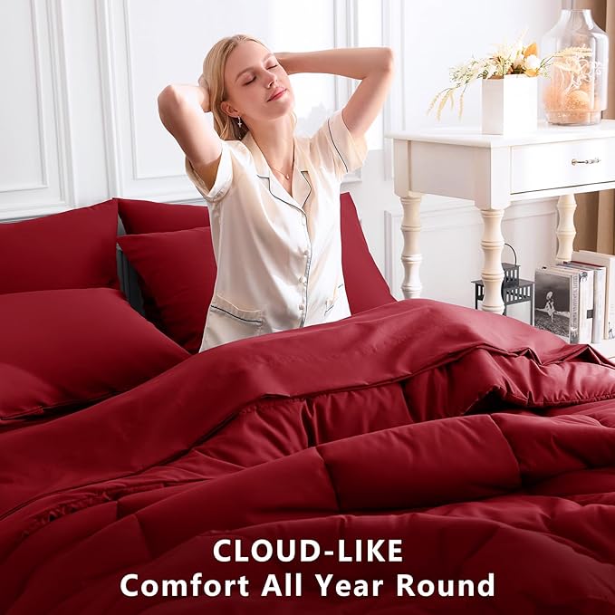 CozyLux Queen Comforter Set Dark Red, 7 Pieces Bed in a Bag, Red Comforters Queen Size, All Season Bedding Sets with Stitch Quilted Comforter, Flat Sheet, Fitted Sheet, Pillowcases