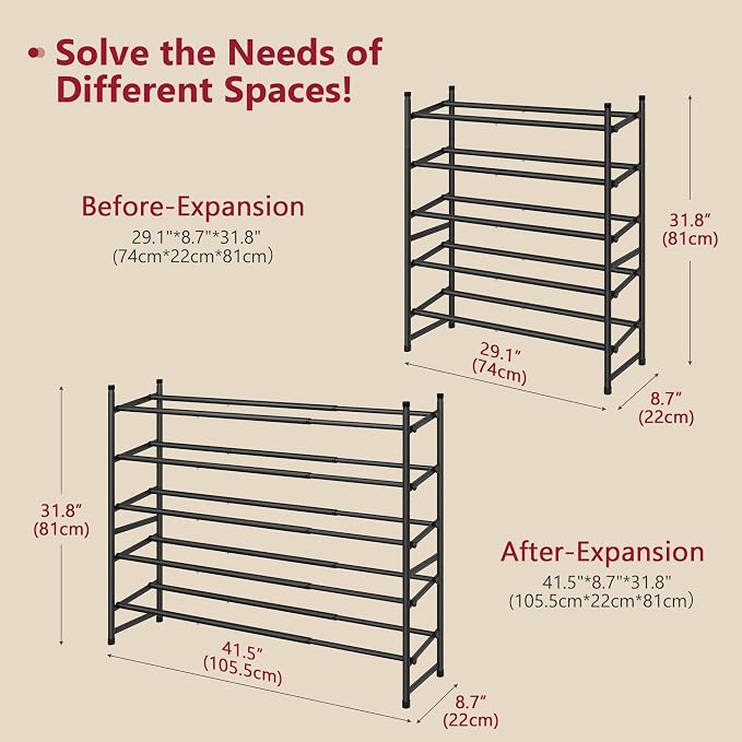 Tajsoon Expandable Shoe Rack for Closet 5 Tier, 29“-41“Adjustable & Stackable Shoe Shelf Storage, Metal Shoe Rack Organizer for Front Door Entrance, Closet, Garage, Entryway, Black - Image 3