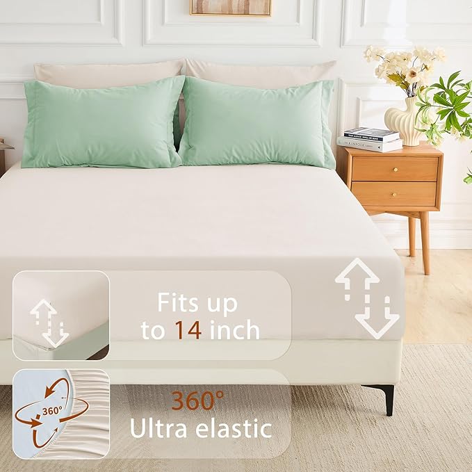 MUXHOMO 7 Pieces Queen Comforter Set, Soft Bed in a Bag Queen Size, All Season Bedding Set with Comforter, Flat Sheet, Fitted Sheet, Pillowcases & Shams, Sage Green & Beige
