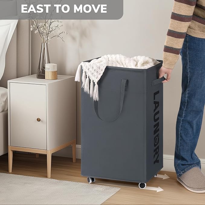 Goodpick Laundry Basket with Wheels, Laundry Hamper with Removable Wash Bag, Clothes Hamper, Rolling Laundry Basket, Dorm Room Essentials, 75L, Grey - Image 5