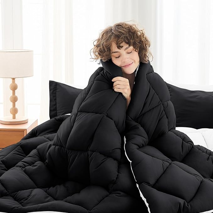 MUXHOMO 5 Pieces Twin Comforter Set, Reversible Bed in a Bag Twin Size, All Season Bedding Set with Comforter, Flat Sheet, Fitted Sheet, Pillowcases & Shams, Black & White