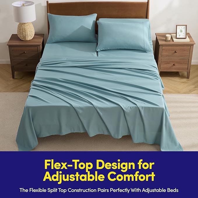 Split Head King Sheets Set for Adjustable Beds 4 Piece Flex Top Bed Sheets – Deep Pocket Split Top Fitted Sheet with Built-in Corner Straps, Luxury Soft Cooling Bedding, Wrinkle Resistant, Misty Blue