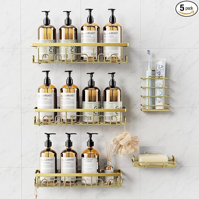 Shower Caddy, 5 Pack Shower Shelves for Inside Bathroom, Rustproof Adhesive Bathroom Organizer with Soap Holder, No Drilling Washroom Organizers and Storage for Bathtub Room/Kitchen/Home, Gold by Deyhoc