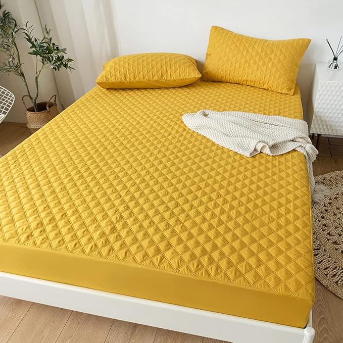 vctops Quilted Fitted Sheet Waterproof Mattress Protector Pad Ultra Soft Elastic Fitted Deep Pocket Bed Cover (Yellow, Twin)