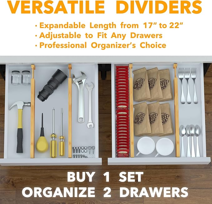 SpaceAid 4 Pack Bamboo Drawer Dividers with Labels, Kitchen Adjustable Drawer Organizers, Expandable Organization for Home Clothes Dressers (17-22 in, Natural) - Image 5