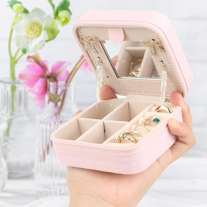 Travel jewelry case,Small Jewelry Box Organizer with Mirror, Gift for Women Girls,3.9"x3.9",Pink,1Pack - Image 2