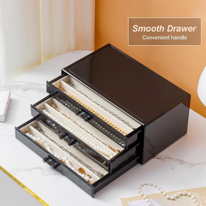 YUFONG Necklace Holder Organizer, Dustproof Necklace Box Velvet Necklace Organizer Box with Lid Clear Acrylic Dustproof Stackable Jewelry Displays for Necklaces Chain Display (Black Beige, 3 Drawer) - Image 3