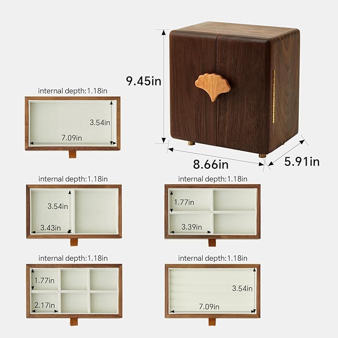 Solid Black Walnut Wood Jewelry Box for Women & Men, Large Velvet Lined Wooden Jewelry Organizer with 5 Drawers, Hand Carved Ginkgo Leaf Handles, Double Door Wardrobe Design - Image 2