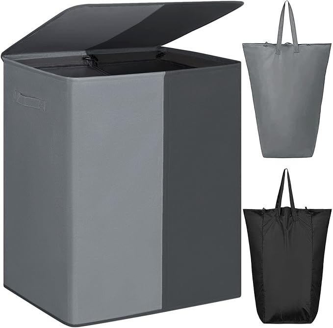WOWLIVE Double Laundry Baseket with Lid and Removable Laundry Bags,154L Large Laundry Hamper 2 Section Collapsible Dirty Clothes Hamper for Laundry Room,College Dorm,Bathroom, Black and Grey by WOWLIVE
