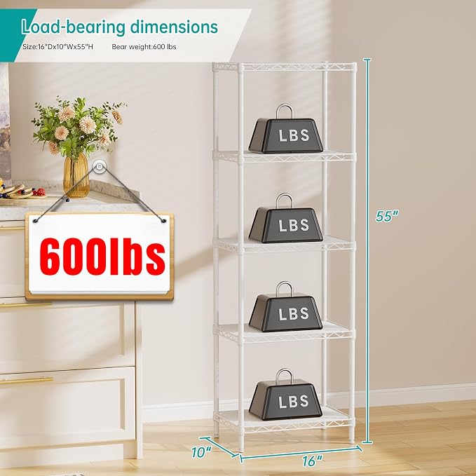 SINGAYE 5 Shelves Storage Shelf Wire Closet Bathroom Organizers Metal Pantry Kitchen Small Garage Shelving Unit Laundry Room Organization Home Corner Rack Estantes para Cocina White 10" Dx16 Wx55”H - Image 3