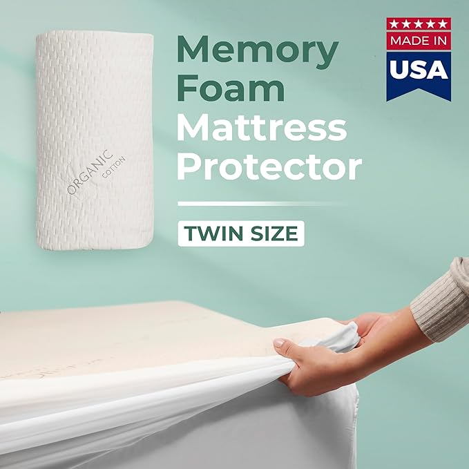 Memory Foam Mattress Protector – Organic Cotton with Eco-Friendly Greenshield Water Resistance – Kool-Flow Breathable Stretch Fabric – All USA Made – Best for Plush Beds – Twin