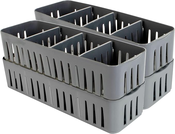 Simplify 2 Pack 4 Compartment Stackable Bin with Adjustable Dividers | Drawer Organizer | Storage Basket | Good for Office | Desk Supplies | Dorm |Bathroom | Accessories | Make Up | Grey by Simplify