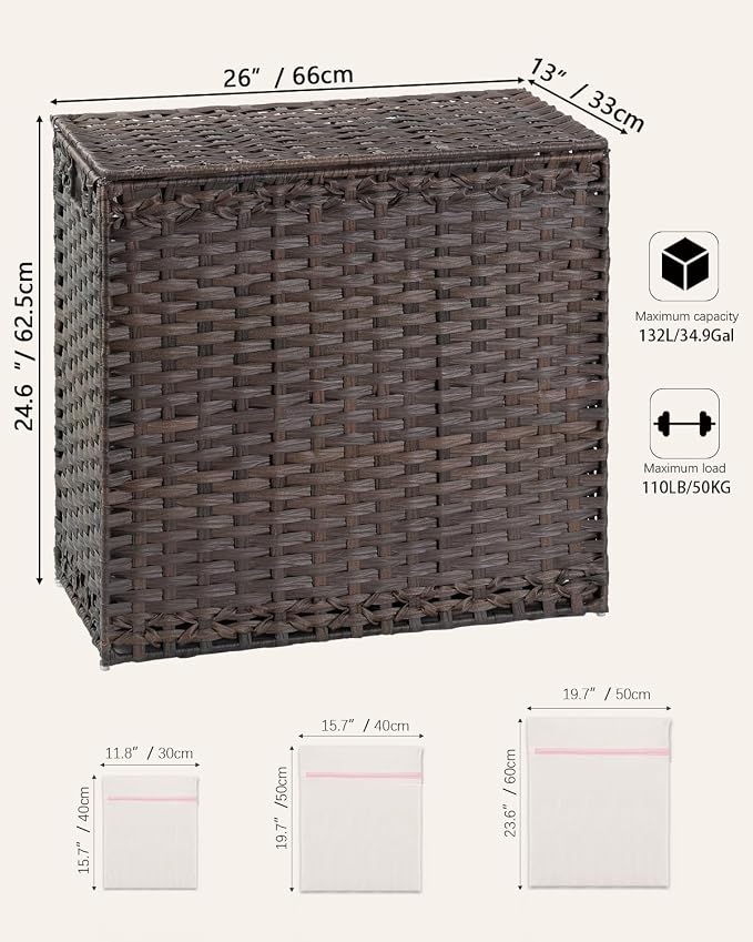 SETVSON Laundry Hamper with Lid Laundry Basket 132 L (35 Gal) Wicker Clothes Hamper, Handwoven Rattan Hamper with Handles and 4 Removable Liner Bags, 6 Mesh Bags for Laundry Bedroom Brown - Image 5