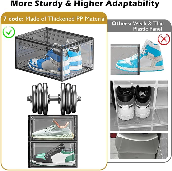 7 code Large Clear Shoe Boxes Organizer【Thicker Material】 Stronger Shoe Box with Magnetic Door, Stackable Shoe Storage Box for Closet, Foldable Space-Saving Storage Bins Shoe Cabinet, Black 9-Pack - Image 6