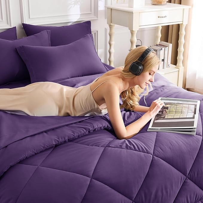 CozyLux Queen Comforter Set Purple - Bed in a Bag Queen Size 7 Pieces, Luxury Soft Bed Set for All Seasons, Bedding Set with Down Alternative Comforter, Sheets, Pillowcases & Shams