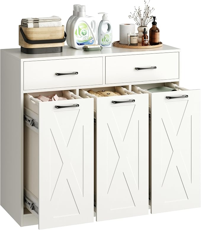 Herture Laundry Hamper Cabinet, Laundry Basket 3 Section with 2 Storage Drawers, Laundry Sorter with Pull-Out Removable Large Bags, 3 x 15.87 Gallons (60L), for Laundry Room Bathroom, White YL01XLW by Herture