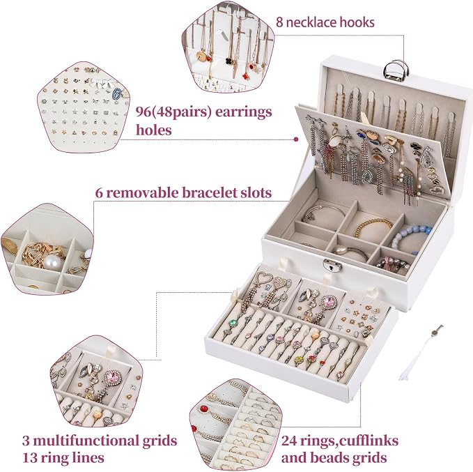BOOVO Earring Jewelry Box For Women Girl Stud Organizer, 4 Layers Girl Jewelry Organizer Box With Lock Earring Holder Organizer Necklace Ring Jewelry Organizer Box For Girls (White, 4 layer) - Image 2