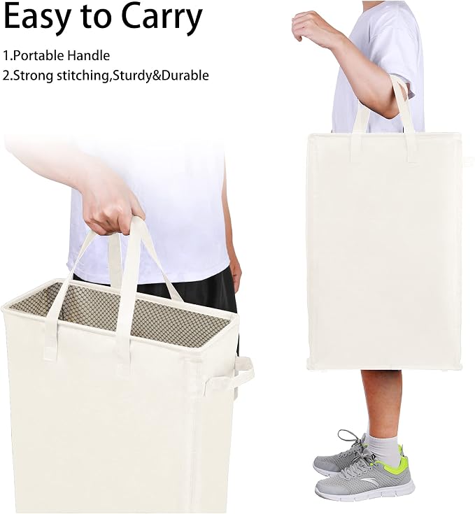Odonata Slim Laundry Hamper Handles Collapsible Laundry Basket Thin Dirty Clothes Basket Narrow Laundry Bag Foldable Dirty Hamper 45L (Beige) - Image 6