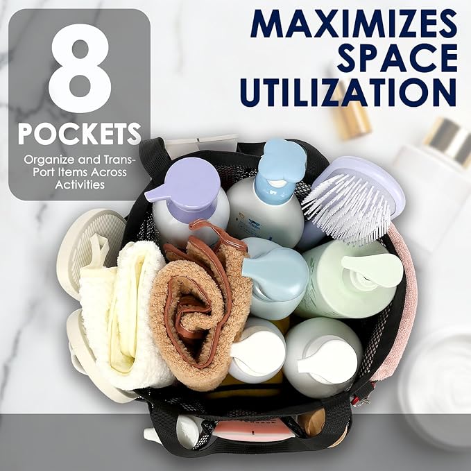 GYEUKHAM Large Mesh Shower Caddy Portable with 8-Pocket for College Dorm Room Essentials,Quick-Dry Handing Shower Basket Tote Bag for Toiletry, Bathroom,Beach,Camp,Gym,Black - Image 3