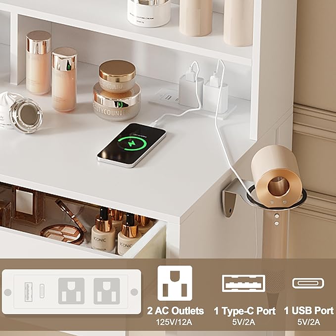 White Vanity with Lighted Mirror, 8 Shelves, 2 Drawers, Charging Station, Hair Dryer Holder & Stool, LED Mirror with 3 Light Modes