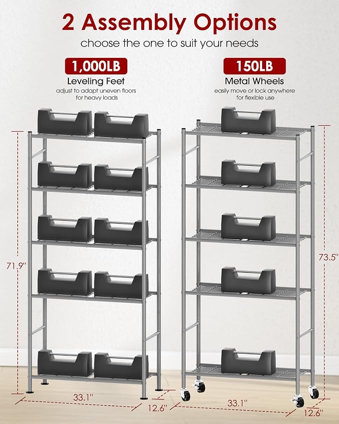 Sakugi Storage Shelves Organizer - 5 Tier Metal Shelf Organizer with Metal Wheels and Adjustable Leveling Feet, Heavy Duty Garage Shelving for Kitchen, Pantry and Closet, 33.1"x12.6"x73.5", Sliver - Image 3