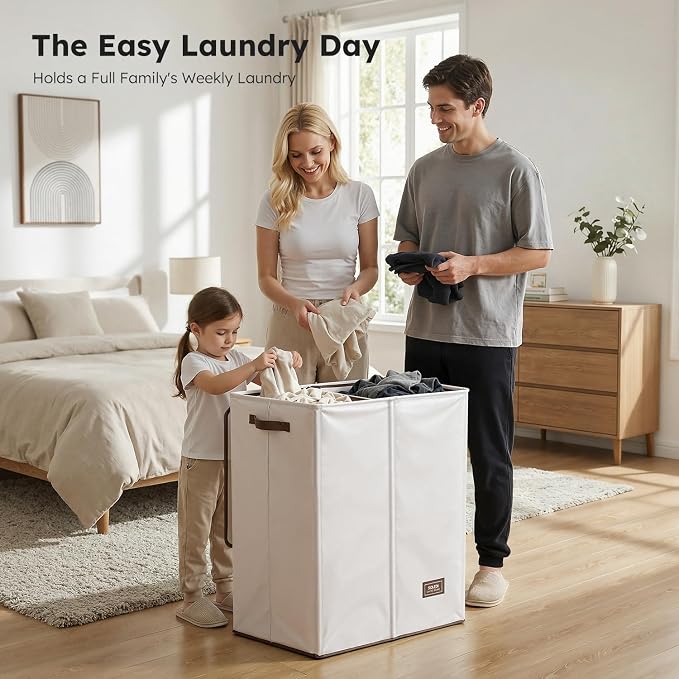 SOLEDI Luxury Double Laundry Hamper with Lid and Removable Bags, Large Hamper for Laundry, Laundry Basket 2 Sections, Collapsible Ditry Clothes Hamper for Bedroom, Laundry Room, Bathroom, Off-white - Image 3