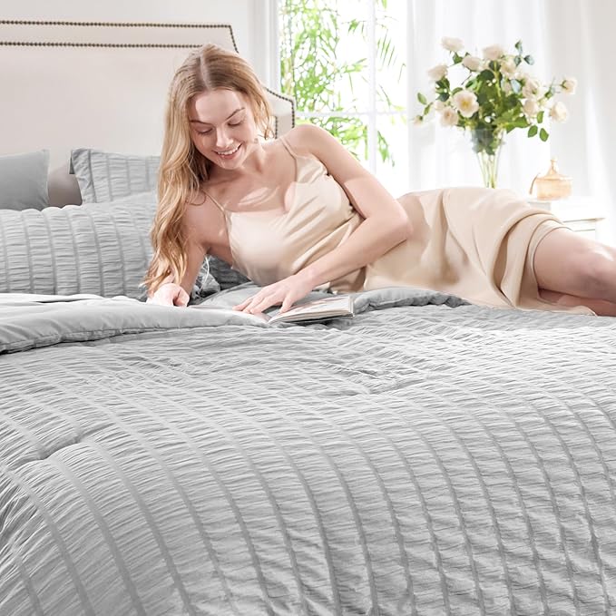 CozyLux King Size Comforter Set Light Grey Seersucker 7 Pieces Bed in a Bag King Comforter Set with Sheets, Light Gray Luxury Bedding Sets with Down Alternative Comforter, Sheets, Pillowcases & Shams