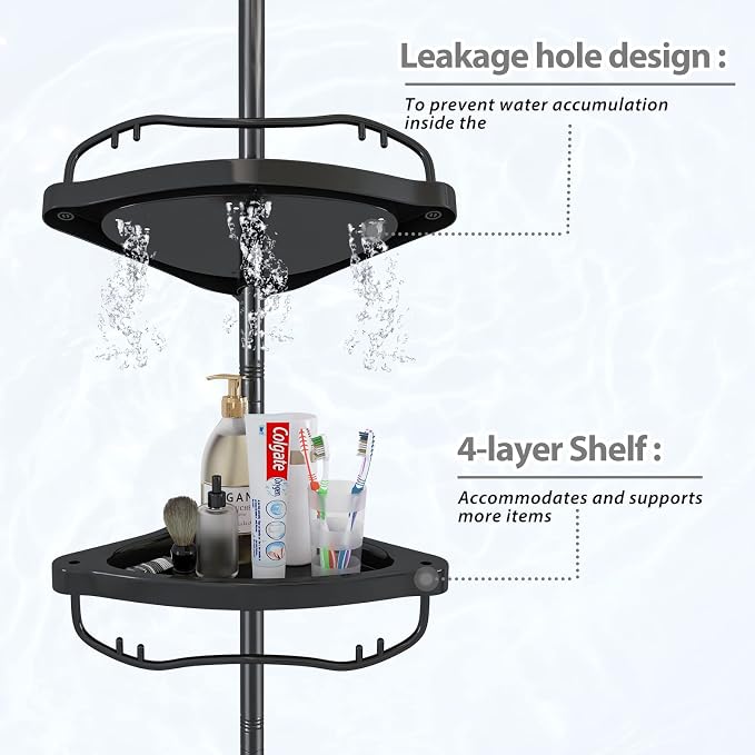 Shower Caddy,Shower Caddy Tension Pole with 4 ABS Baskets,Shower Storage Shelf with 56 to 125 Inch Adjustable Stainless Pole for Bathroom Black - Image 3