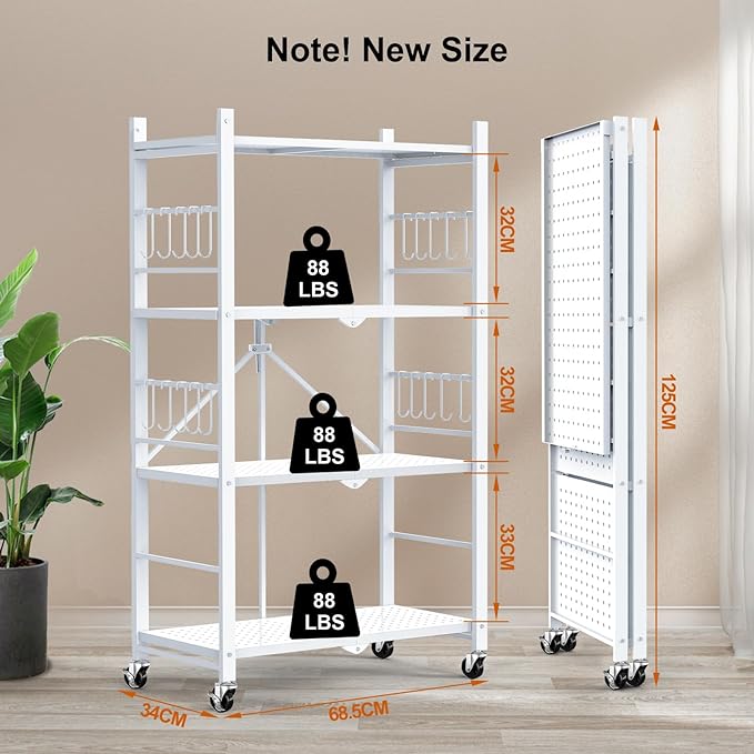 Himix Storage Shelves with 20 Hooks, 4-Tier Foldable Shelves for Storage, Folding Shelf Unit Pantry Shelves with Wheels, Metal Shelving Storage Rack Shelf for Kitchen Garage Home, White - No Assembly - Image 3