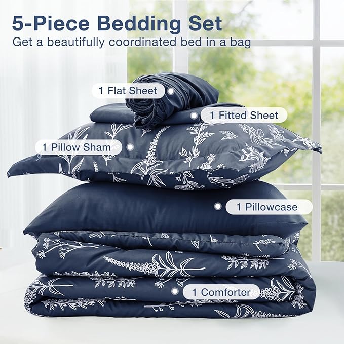 MUXHOMO Navy Blue Twin Comforter Set, Elegant Floral Print Bed in a Bag 5 Pieces, Ultra Soft & Breathable Reversible Botanical Pattern Bedding Set with Comforter, Sheets, Pillowcase, and Sham