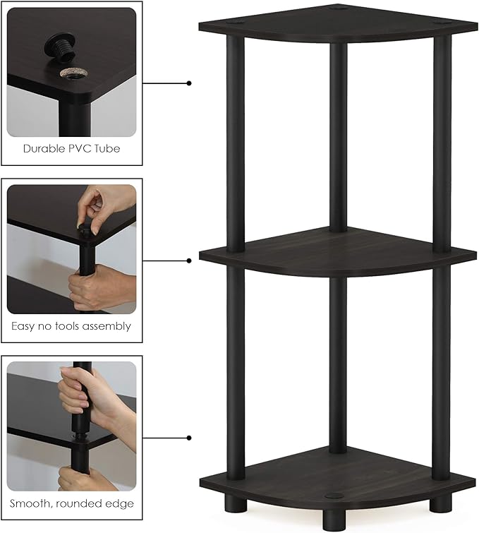 Furinno TURN-N-TUBE Corner Shelf, 3-Tier Corner Bookshelf, Display Storage Shelves with Open Shelves, for Organization and Storage, Living Room, Home Office, Garage, Espresso - Image 4