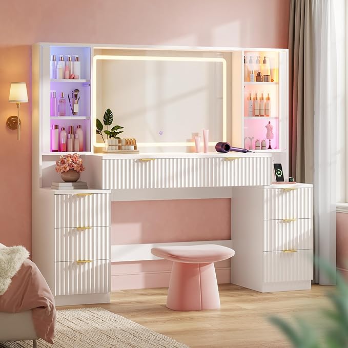 HAUOMS Big Vanity, Fluted Wood Makeup Vanity Desk with Mirror and Sound Sync LED Lights, Large Vanity Dressing Table, 8 Drawers, Charging Station for Girls, Women (White, 59.1" Width)