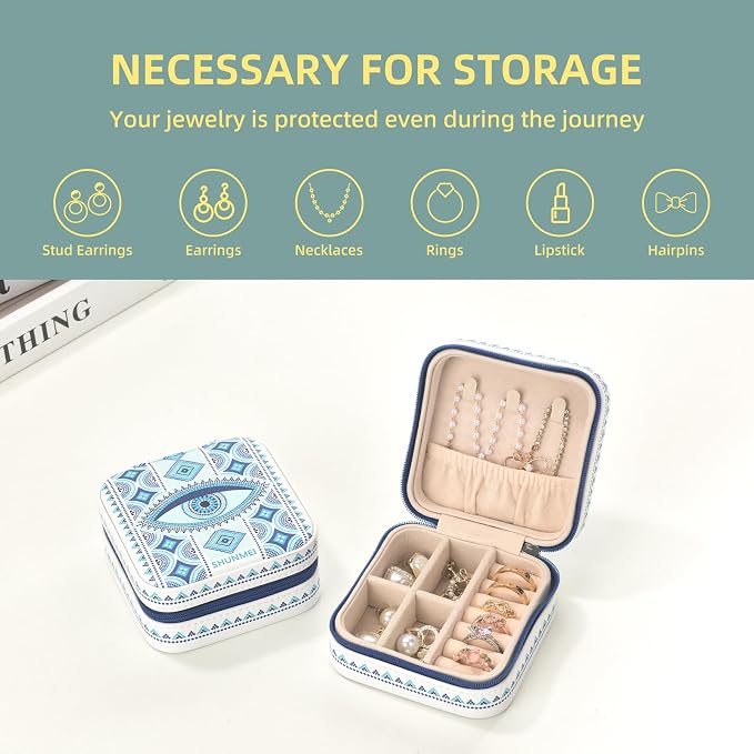 shunmei Mini Travel Jewelry Box,PU Leather Portable Jewelry Organizer Case,Art Accessories Storage Holder Boxes for Earring, Necklace, Rings, Bracelets (White Eyes) - Image 4