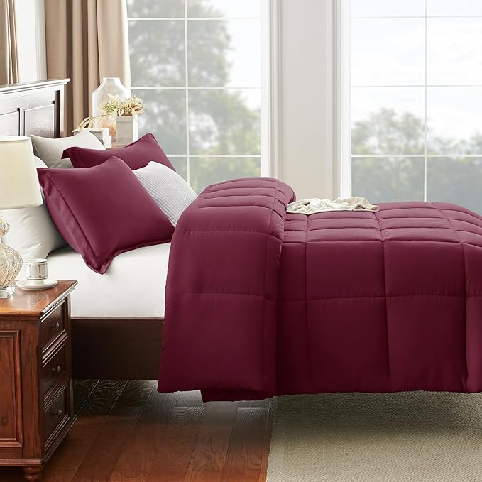 CozyLux King Size Comforter Set - Burgundy Comforter King Size, 3 Pieces Box Stitched Bed Set for All Seasons, Soft Lightweight Bedding Sets with 1 Down Alternative Comforter and 2 Pillow Shams