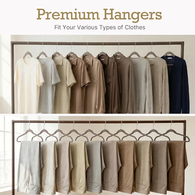 HOUSE DAY Taupe Velvet Hangers 60 Pack, Non Slip Clothes Felt Hanger Heavy Duty for Coat, Premium Slim Space Saving Suit Hangers for Closet Organizer, 360° Rotating Silver Hook - Image 8