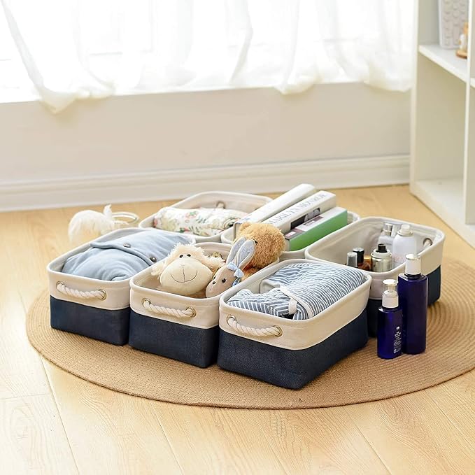 TheWarmHome Storage Bins for Shelves - 12x8x5.2 inch 1 Pack Baskets for Gifts Empty, Fabric Storage Cubes for Closet Organizing Dog Gift Cloth Toy (White & Jean Blue) - Image 4