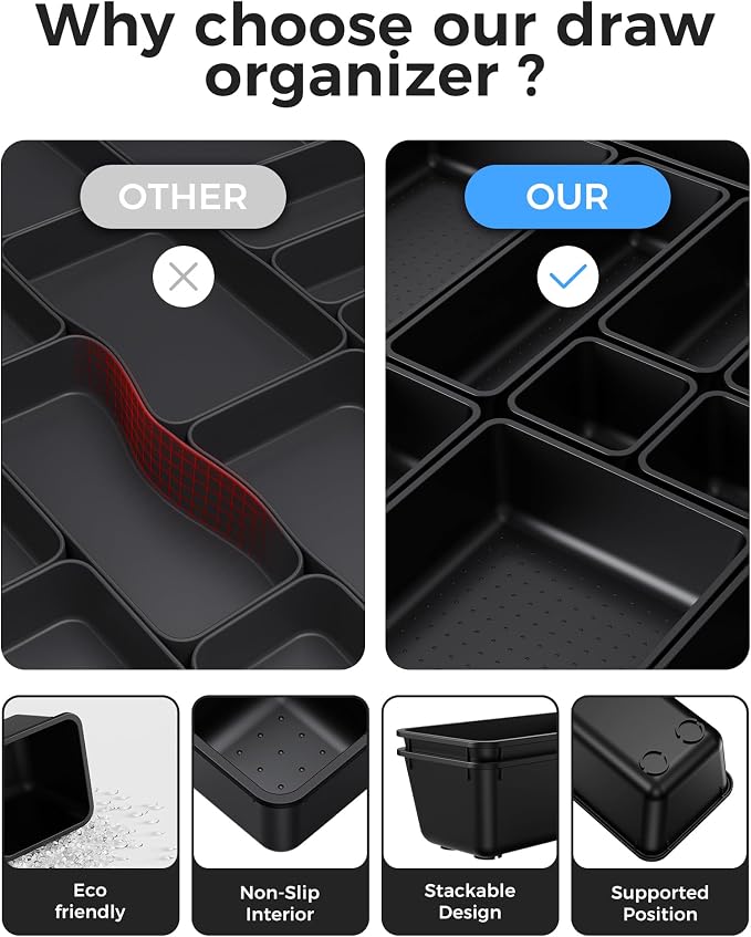 BiuLeon 25 PCS Plastic Drawer Organizers Set, 4-Sizes Vanity and Makeup Organizer, Desk and bathroom Drawer Organizer Trays, Organizers and Storage for Makeup, Jewelry, Gadgets, Utensils (Black) - Image 5
