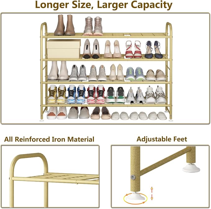 LINZINAR Shoe Rack 4 Tier Storage Organizer for Closet Entryway Metal Gold - Image 6
