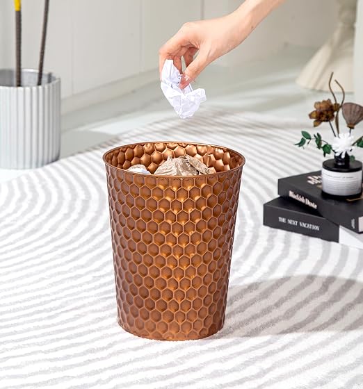 Venalys Small Metal Trash Can Wastebasket, Decorative Honeycomb Garbage Can Waste Basket, Modern Farmhouse Round Trash Bin for Bathroom, Bedroom, Kitchen and Office (Copper) - Image 2