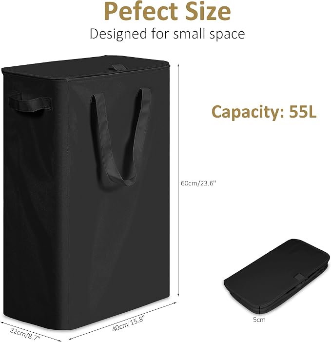 efluky Slim Laundry Basket with Lid, Narrow Laundry Hamper with Handles, Collapsible Dirty Clothes Hamper, Tall Laundry Bin for Laundry Room, Dorm and Bedroom, 55L Black - Image 2