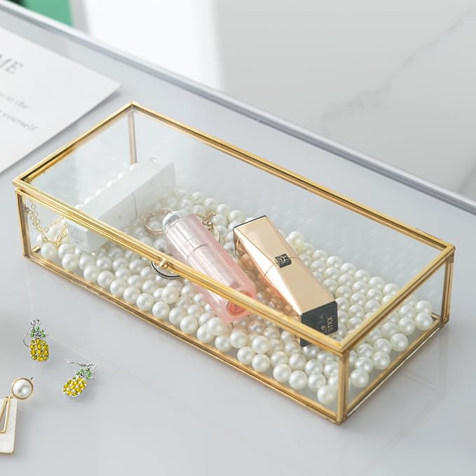 Vintage Glass Keepsake Box, Rectangle Jewelry Display Organizer Box Vanity Lidded Box Home Decor Accent Decorative Box for Storage Trinket Rings Bracelet - Image 4