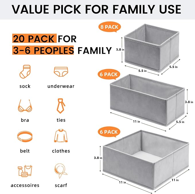 【FAMILY PACK】Drawer Organizer Clothes, 20 Pack Dresser Organizer Bins for Baby Clothes - Underwear Bra Sock Organizer - Fabric Closet Organization and Storage Dividers for Nursery Bedroom Dorm - Image 2