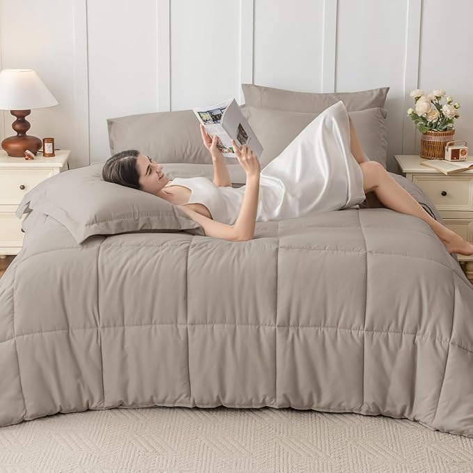 JOLLYVOGUE Full Comforter Set, Ultra-Soft Bed in a Bag Full Size 7 Pieces, Oeko-TEX Certified Bedding Set with Down Alternative Comforter, Sheets, Pillowcases & Shams, Khaki