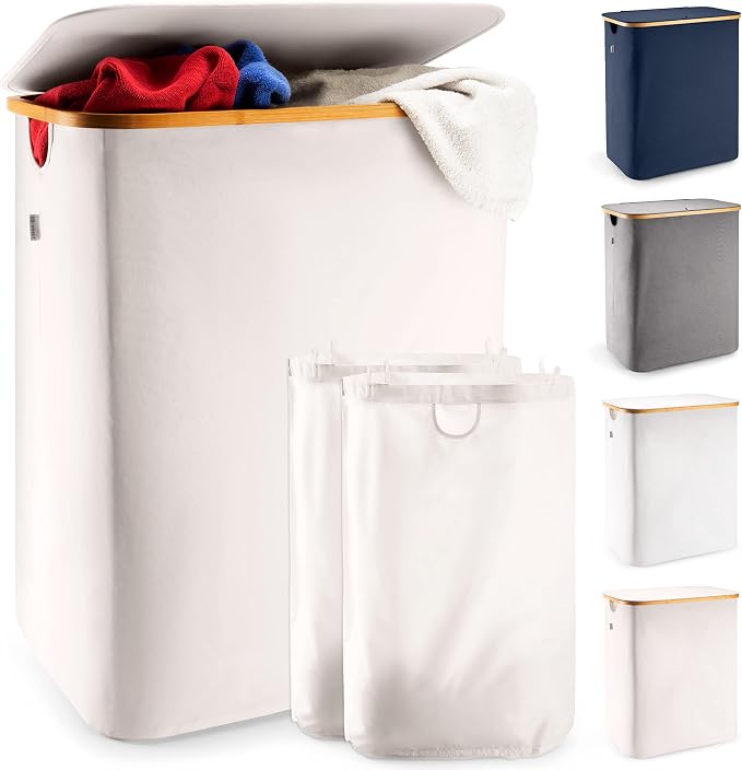 LONBET Laundry Basket with Lid, Made from Breathable Fabric | Aesthetic Clothes Hampers for Laundry with Side Handles & Sturdy Bamboo Frame (40 Gallons - Double, Beige) by Lonbet