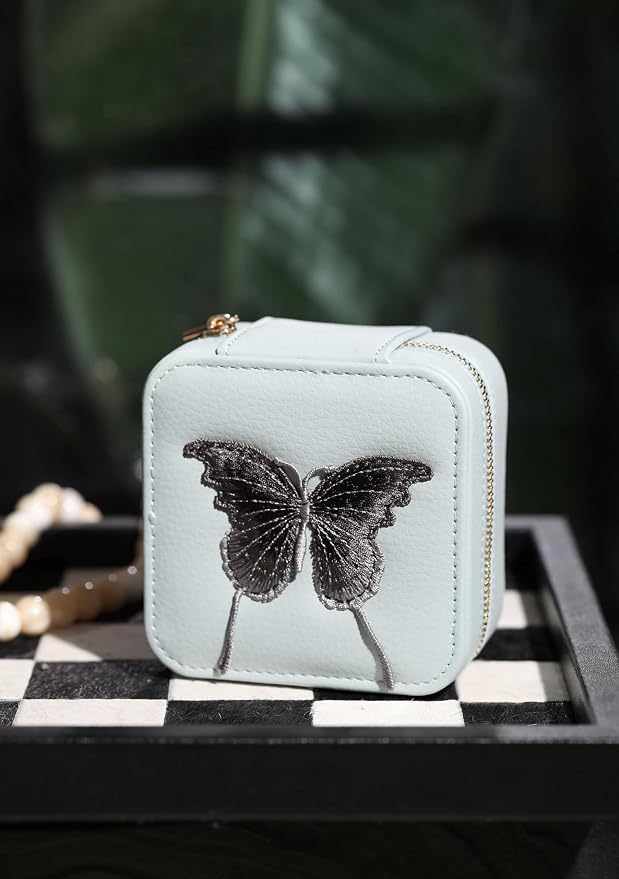 S.Leaf Travel Jewelry Organizer Boxes for Women Small Portable Necklace Earrings Bracelet Rings Travel Case Best Friend Birthday Gifts for Women Trendy (Butterfly_Hazeblue_Gray) - Image 2
