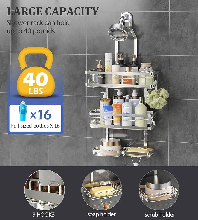 OMAIRA Shower Caddy Hanging with Soap Scrub Holder, Stainless Steel Adjustable No Drilling Non-Slip Large Capacity Sturdy Over Shower Head Shower Organizer Inside Shelves Bathroom Storage Rack, Silver - Image 4
