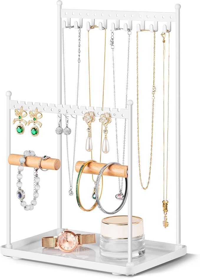 3 Tier white Jewelry Stand, Necklace Organizer, Earring Holder with 44 Holes and 9 Hooks, for Necklaces, Bracelets, Rings by Josmimic