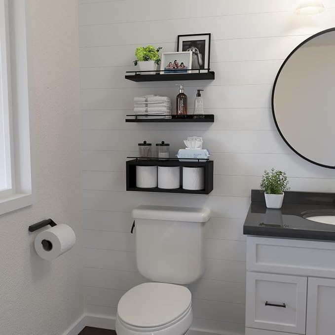 WOPITUES Floating Shelves for Wall with Cube Shelf, Wall Shelves with Metal Rail for Bathroom Decor, Bathroom Organizers and Storage, Over Toilet Shelves for Toilet Paper-Black - Image 4