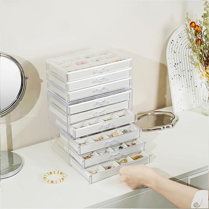 Lolalet Earring Holder Organizer Box Jewelry Storage with 9 Drawers, Clear Acrylic Stackable Earring Case with Adjustable Velvet Trays for Women on Dresser Vanity -Warmwhite, 9 Layers - Image 6